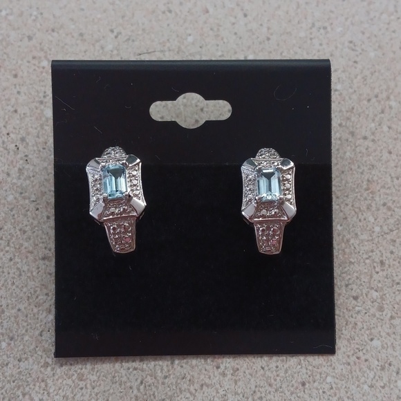 Silver Tone Aquamarine Crystal Earrings - Picture 1 of 5